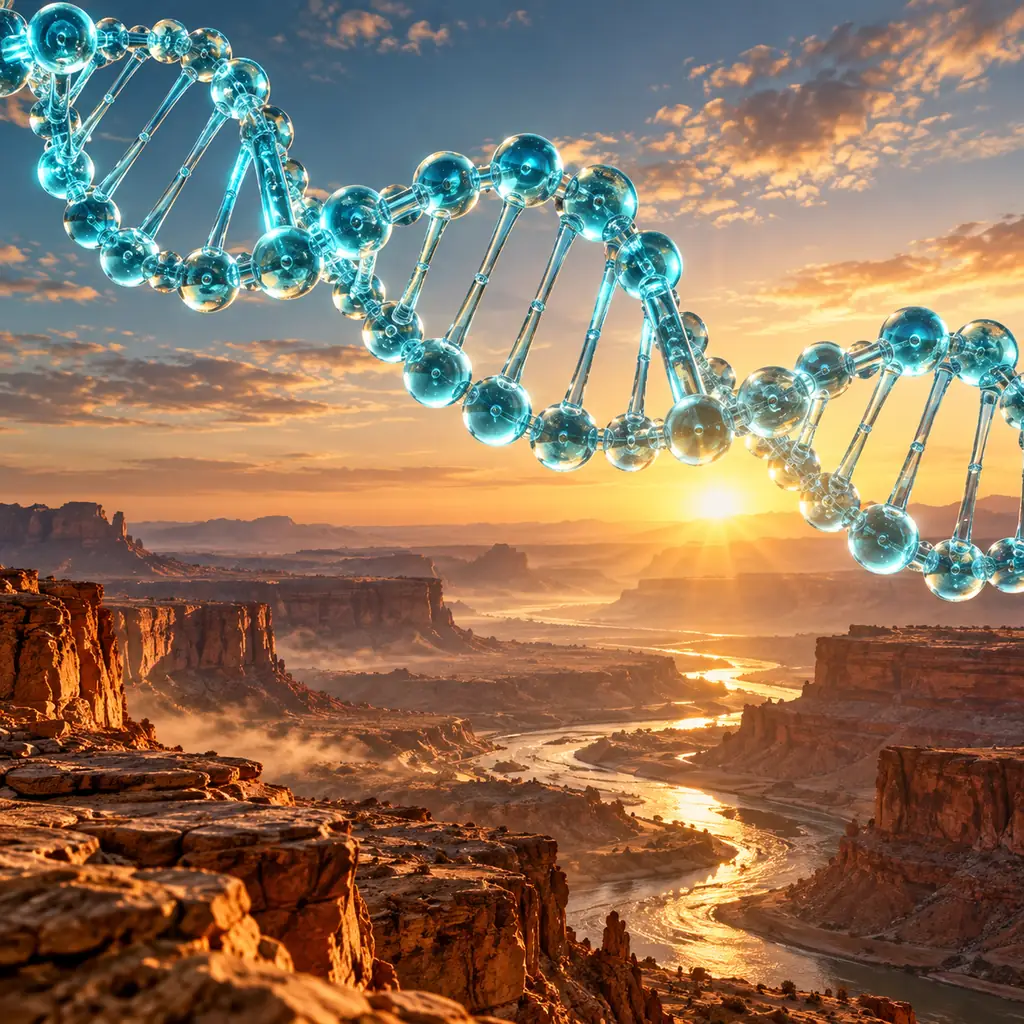 青色 DNA 螺旋横过琥珀色山谷，祖先回溯之旅